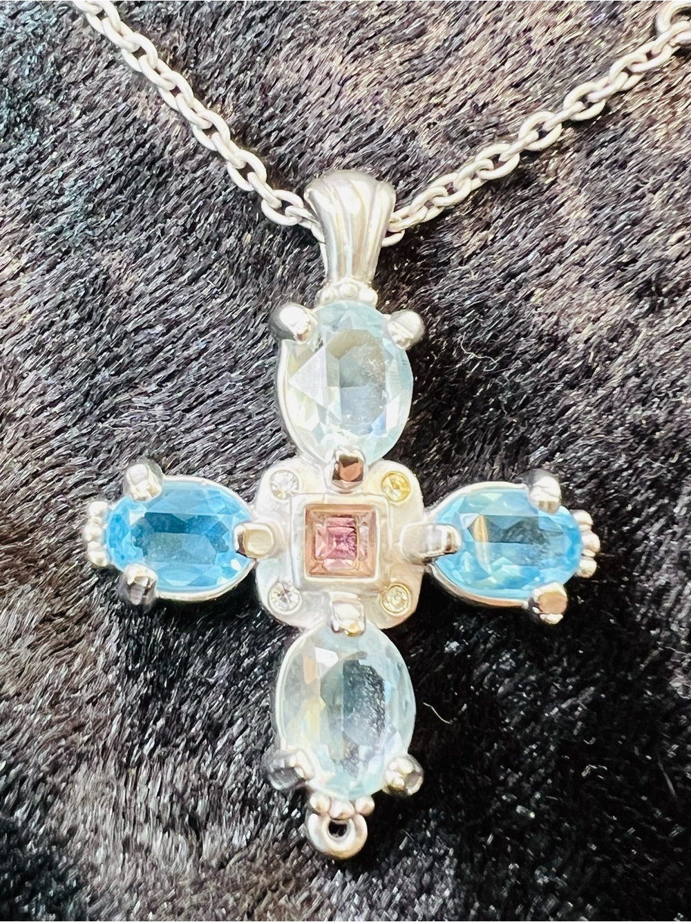 Swarovski Crystal Cross Necklace Sterling Silver Blue Crystal & Pink Accent Swan - Picture 8 of 8
